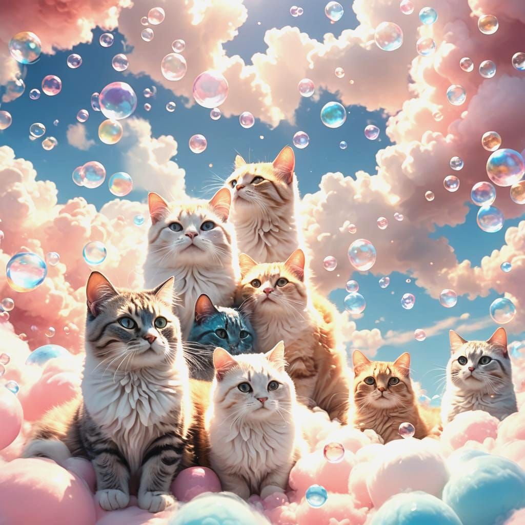 Fantastical Cats in Clouds and Bubbles