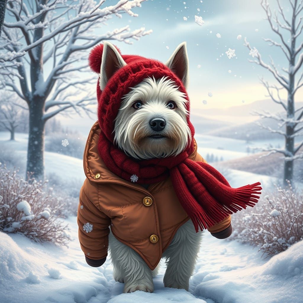 Winter Wonderland Westie in Vibrant Coat and Accessories