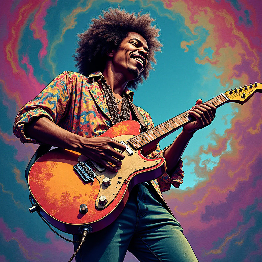 Psychedelic Guitarist on Stage in Comic Book Style