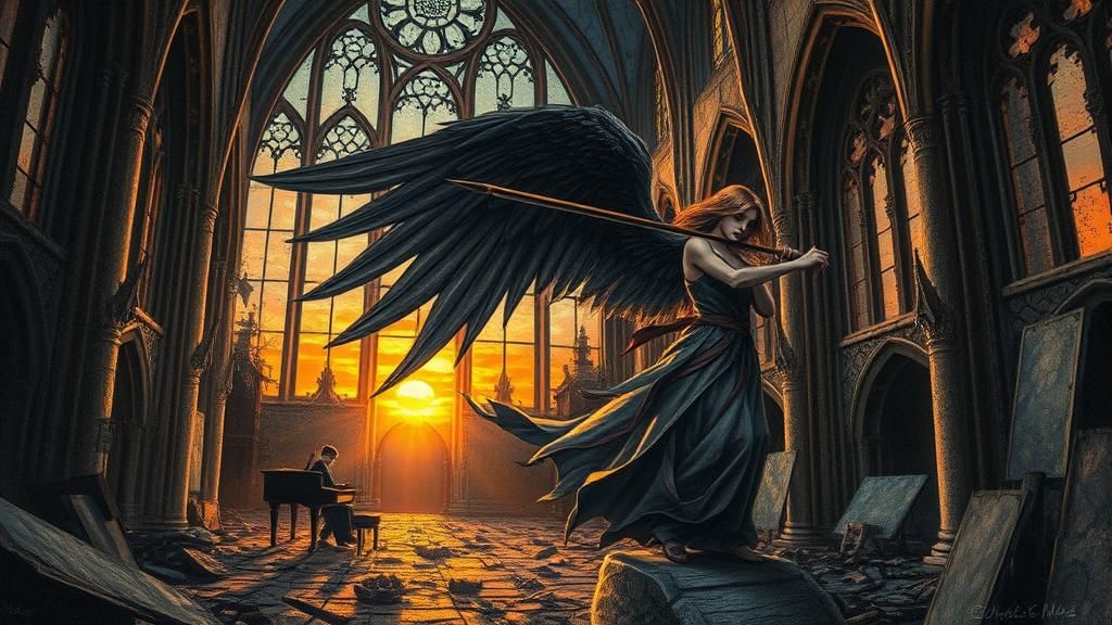 Warrior Angel in Ruined Cathedral at Sunset