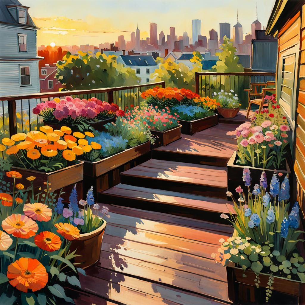 Colorful Urban Garden in Golden Hour, Impasto Painting