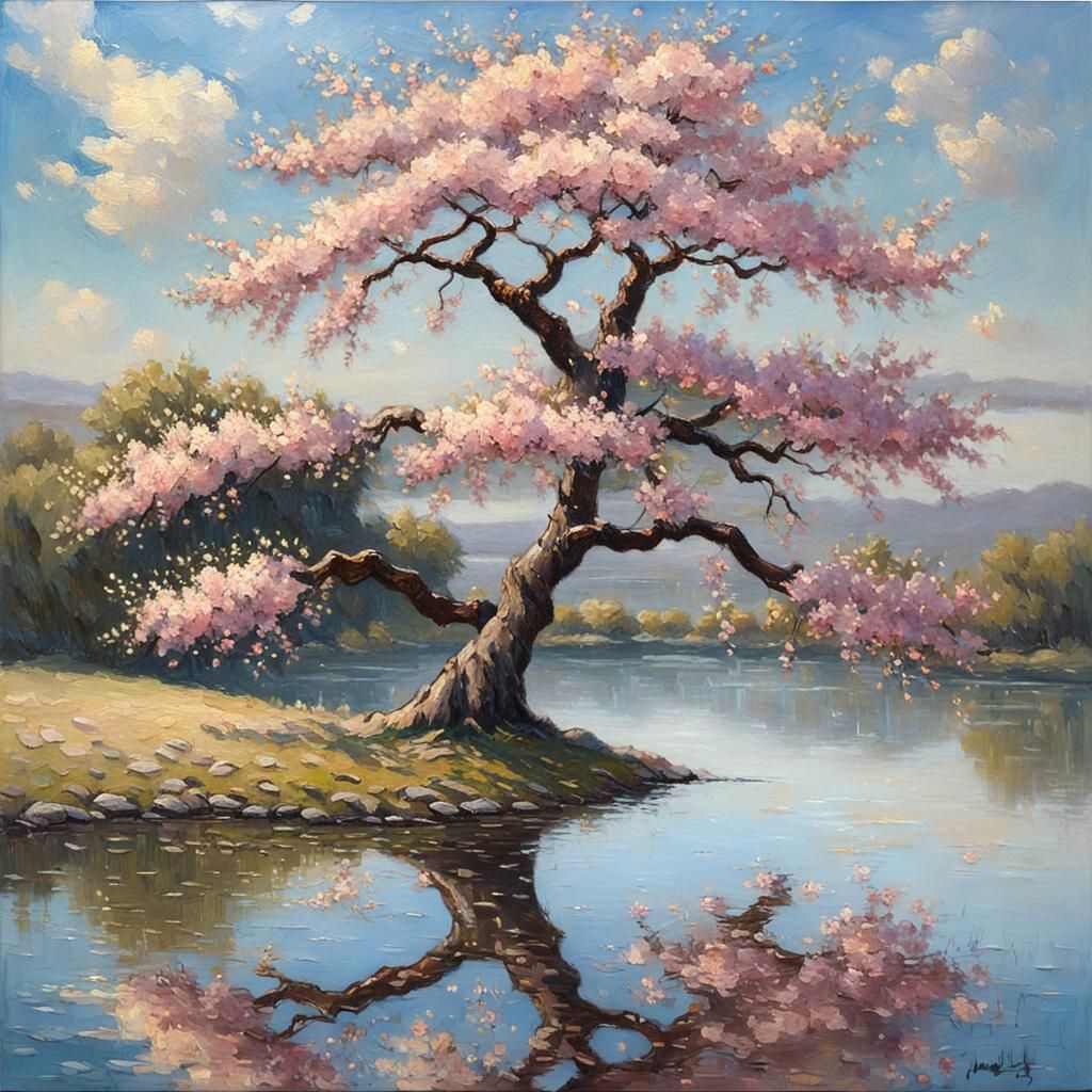 Sakura Tree by Lake in Golden Light, Oil Painting