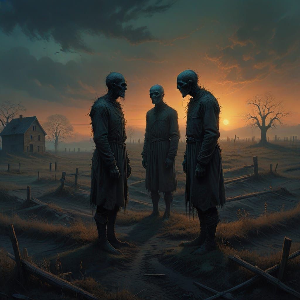 Eerie Twilight Encounter in Beksinski-Inspired Horror Style