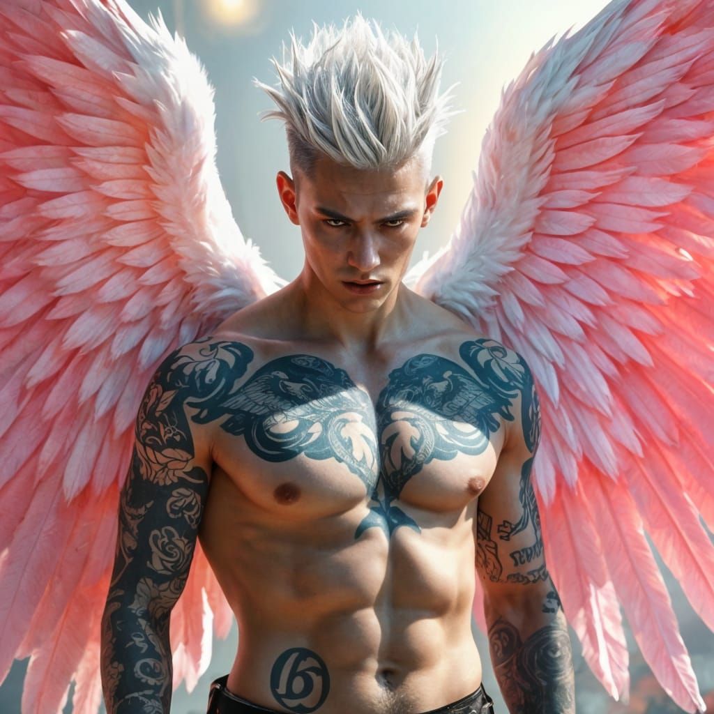 Rebellious Angel with Pink Wings in Mystical Realm