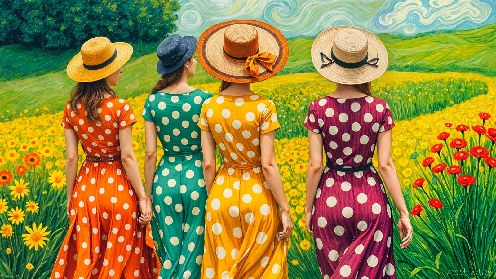 Polka Dot Dresses in Van Gogh Style Landscape