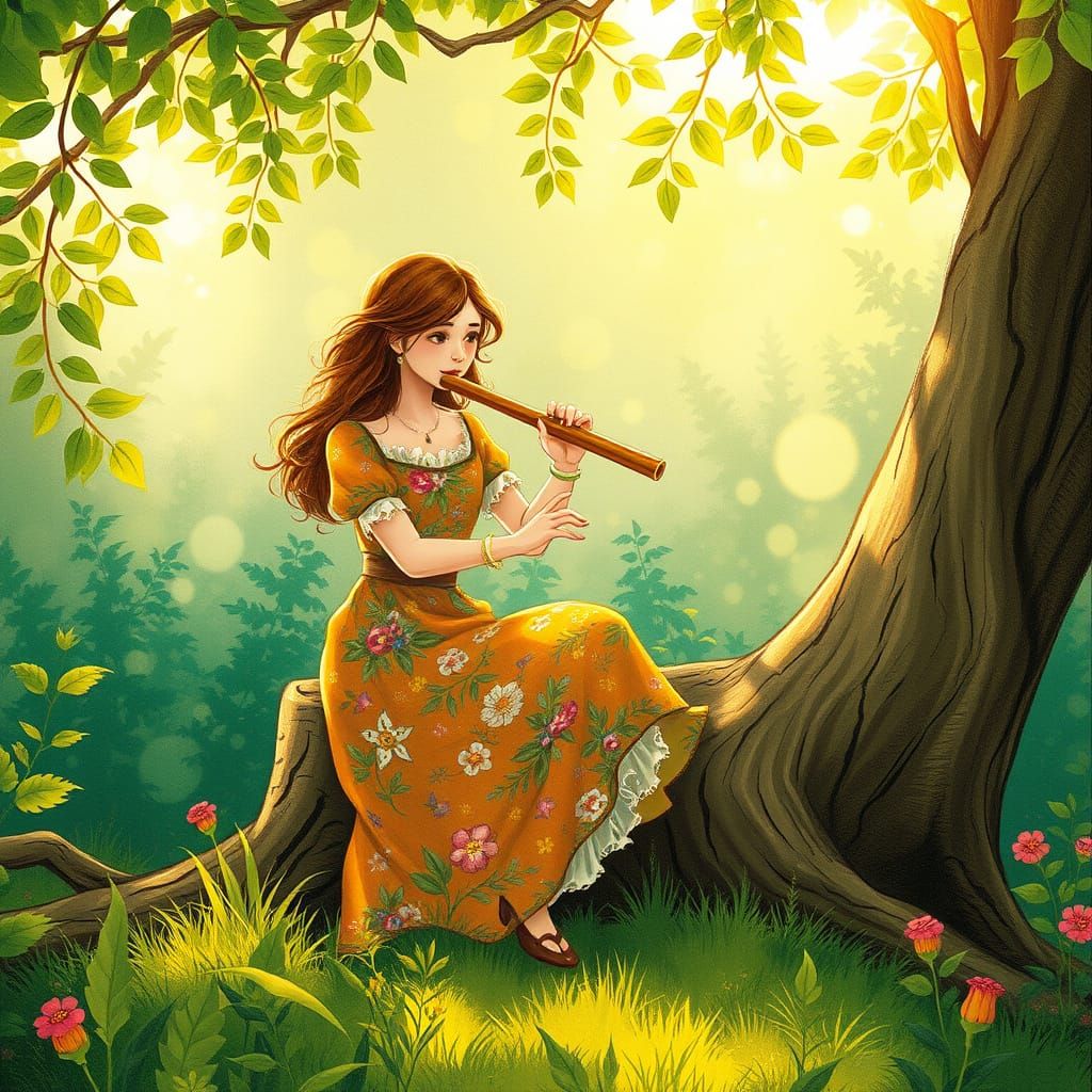 Whimsical Woodland Flute Player in Dreamlike Illustration St...