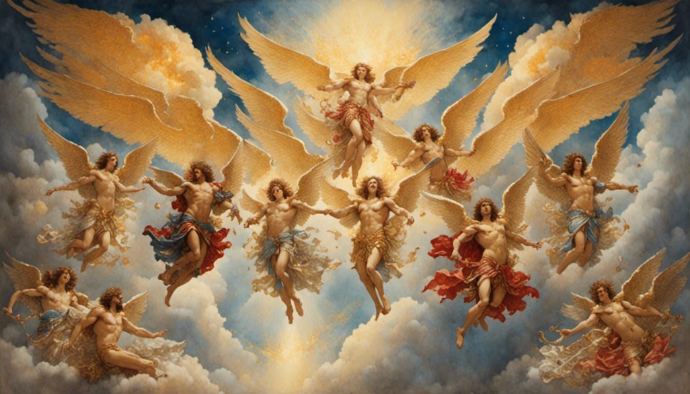 Warrior Angels Descending in Romantic Watercolor Style