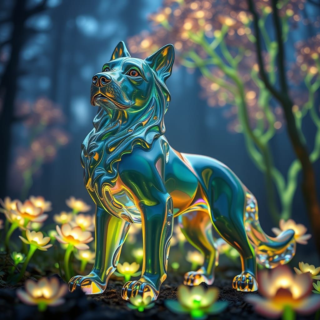 Majestic Glass Dog in Bioluminescent Forest Twilight