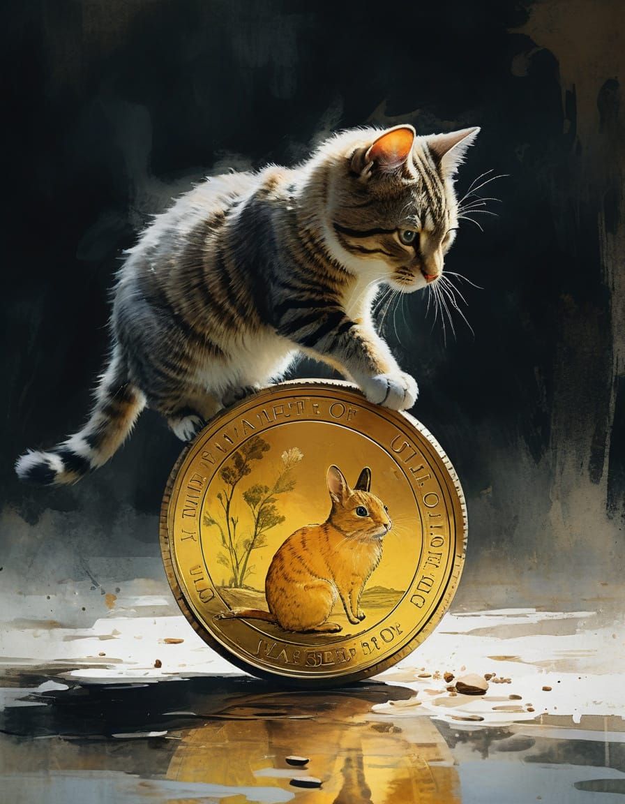 Vibrant Coin Rolls, Cat's Whiskers Blur in Swift Motion