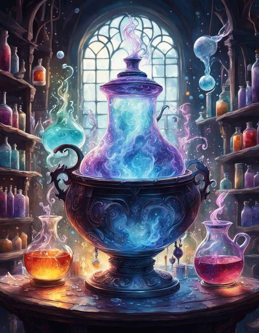 Wizard's Workshop with Magical Bubbling Potions