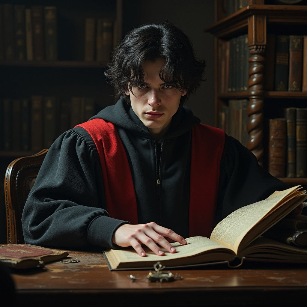 Gothic Vampire Student in Eerie Study