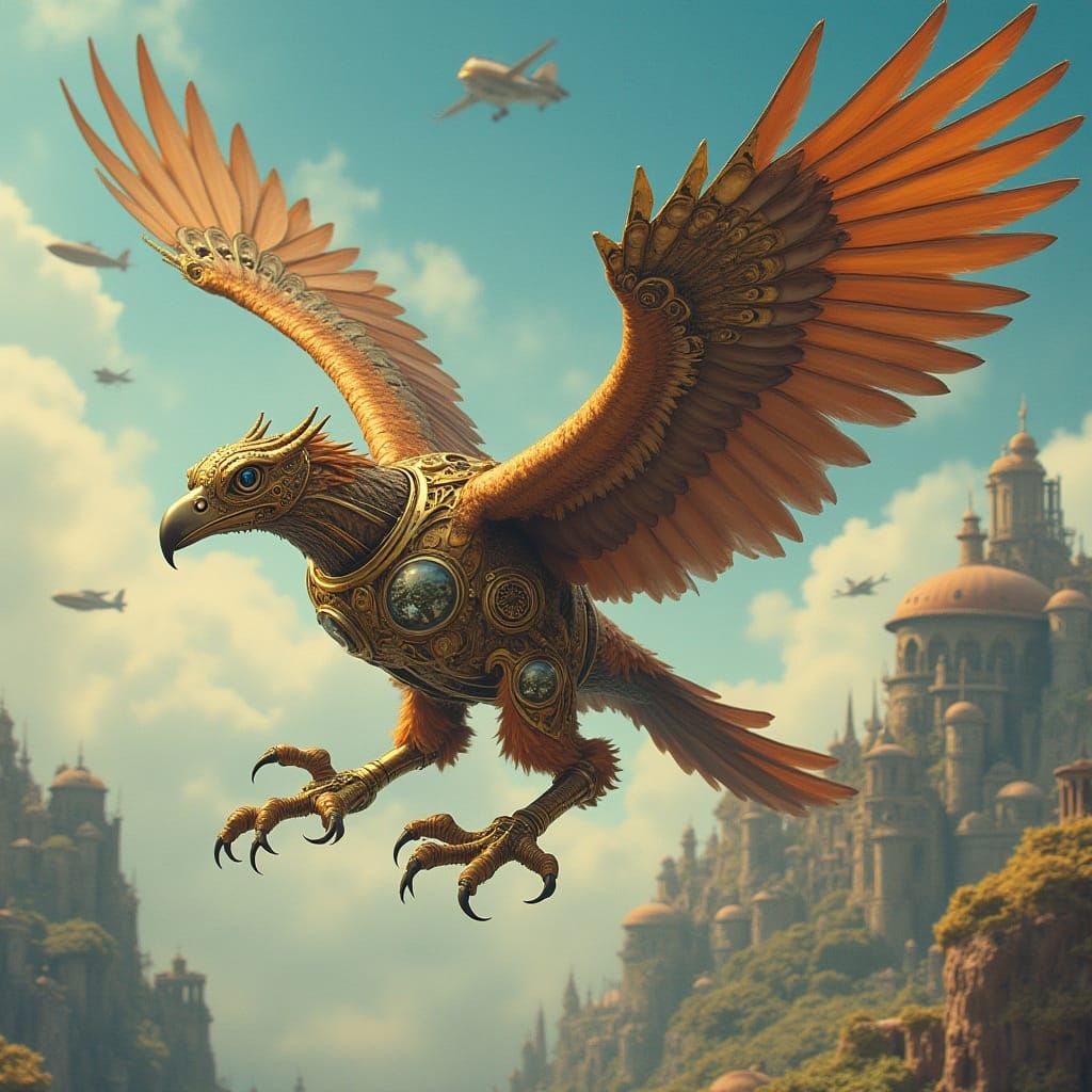 Steampunk Griffin Soaring Through Gear-Filled Sky