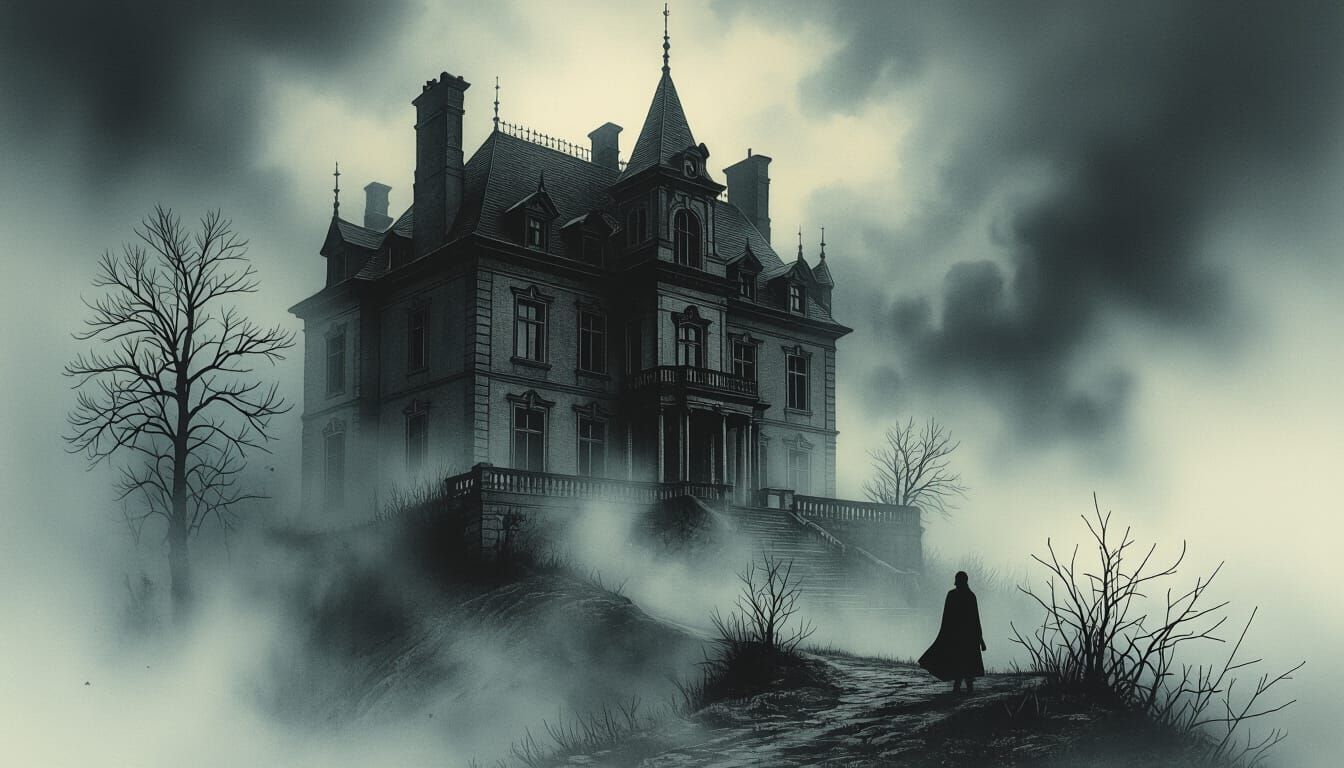 Eerie Mansion in Haunting Etching Style