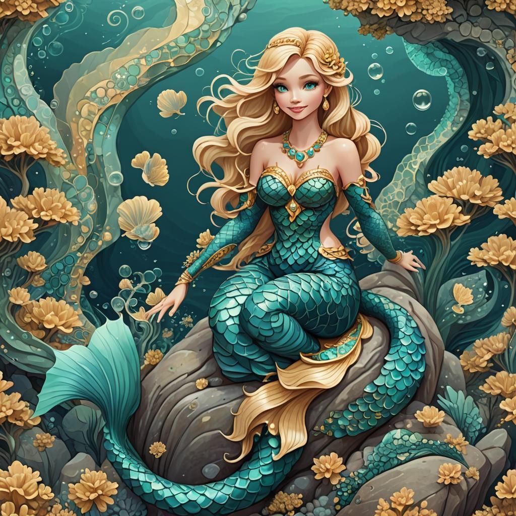 Teal Mermaid with Golden Scales, Vector Fractal Art