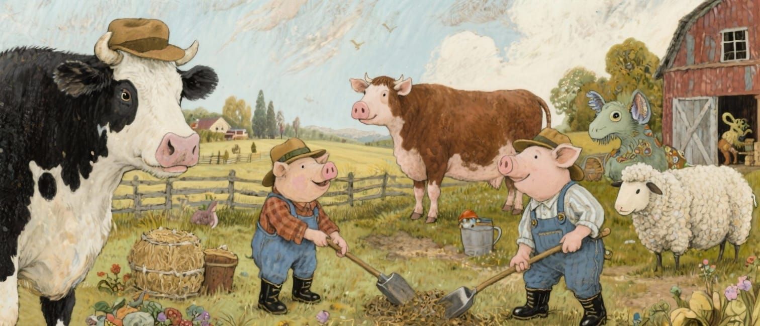 Farm Animals Dressed as Farmers in Whimsical Folk Art Style