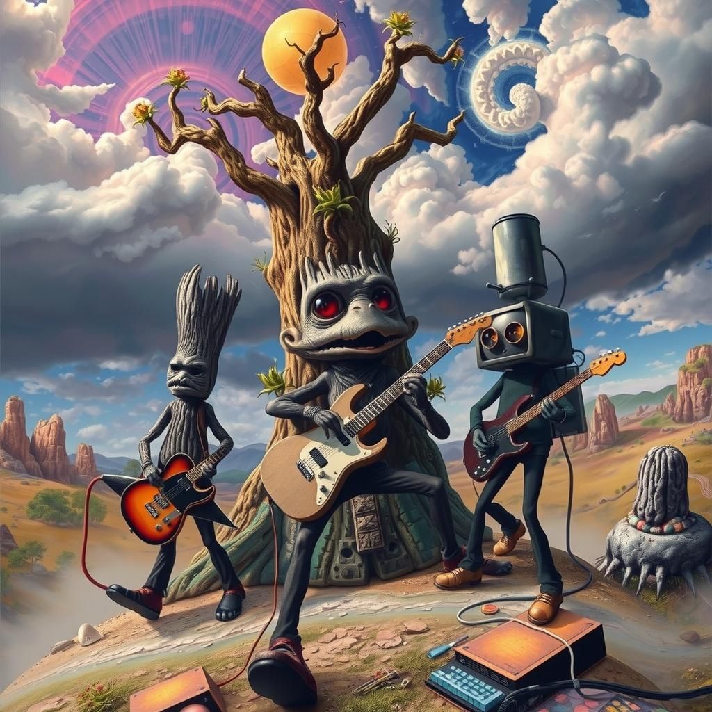 Band of Bark, Flint, and Beep in Surreal Landscape