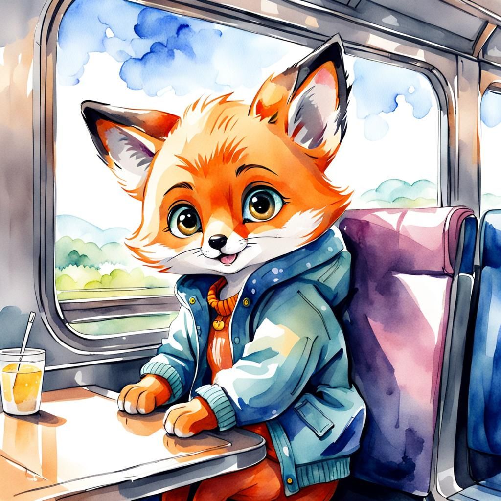 Fox Cub on Train: Watercolor Cartoon Illustration