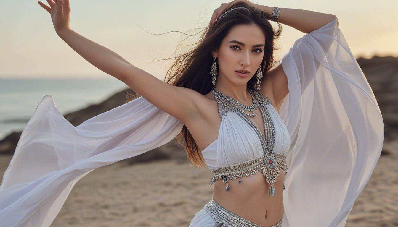 Seductive Dancer on Beach at Sunset