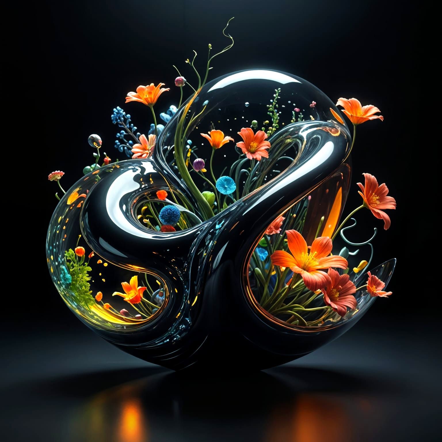 Surreal Gyroid Sculpture with Flora in Cosmic Space