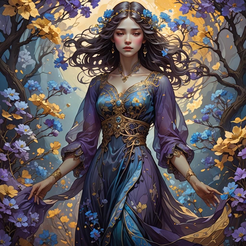 Ethereal Woman in Autumn Flowers, Art Nouveau Style