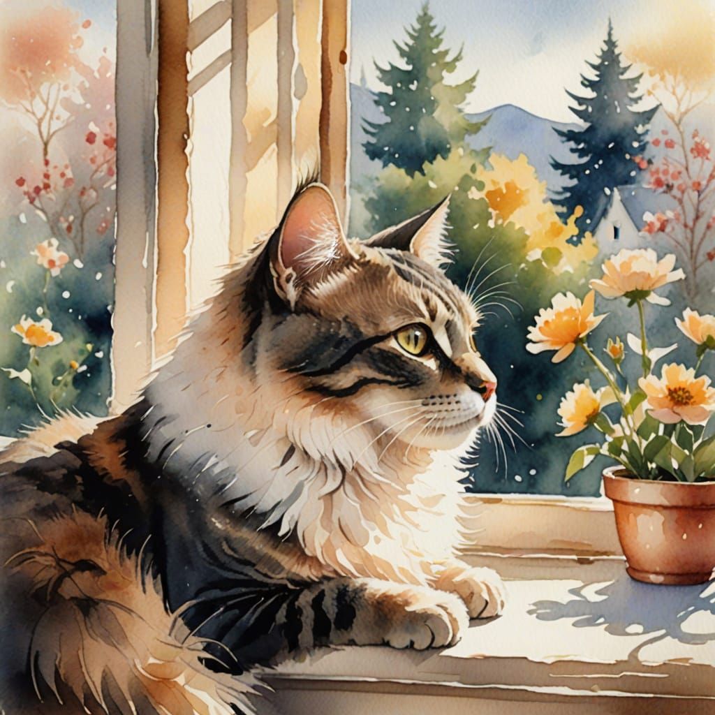 Watercolor Cat Relaxing on Window Seat
