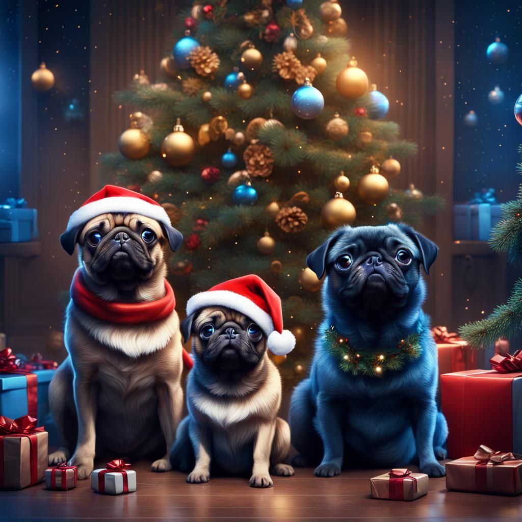 Festive Christmas Pugs and Cat in Blue