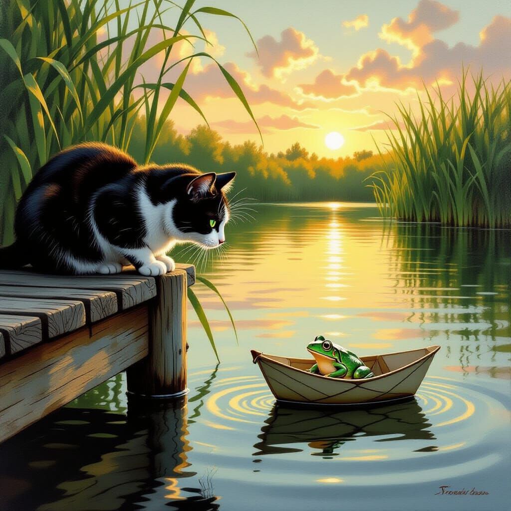 Black and White Cat Watches Frog in Paper Boat on Lake