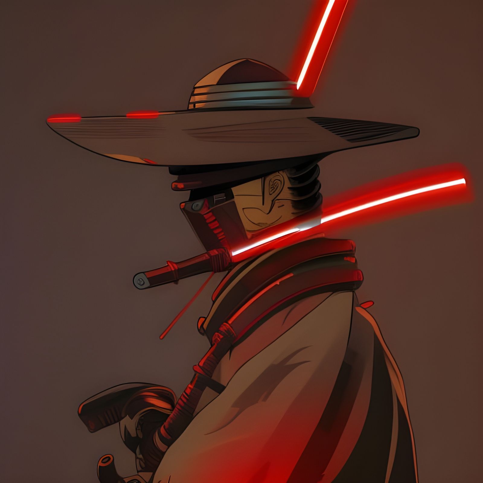 Cyborg Samurai Ronin in Synthwave Hokusai Style