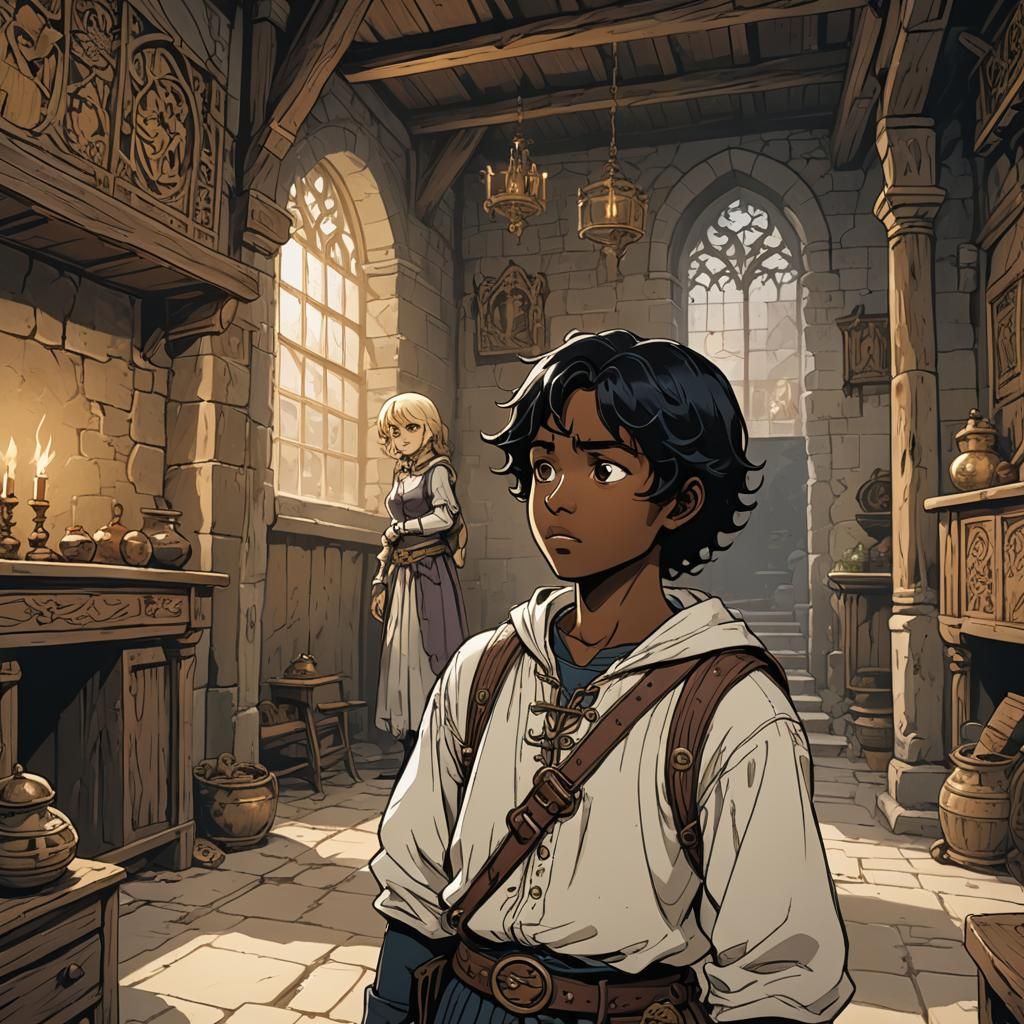 Teenager and Baby in Medieval Room: Cel-Shaded Anime Art