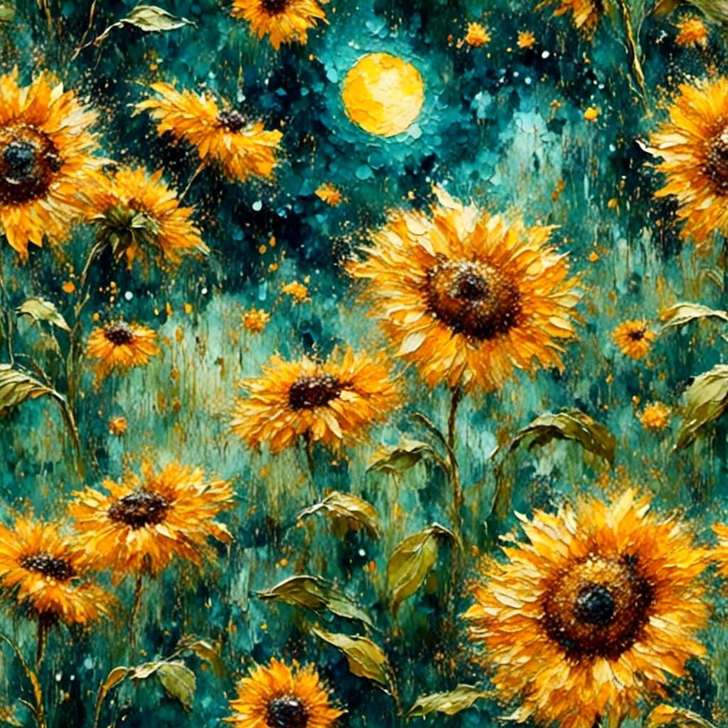 Starry Sunflower Field in Impasto Style