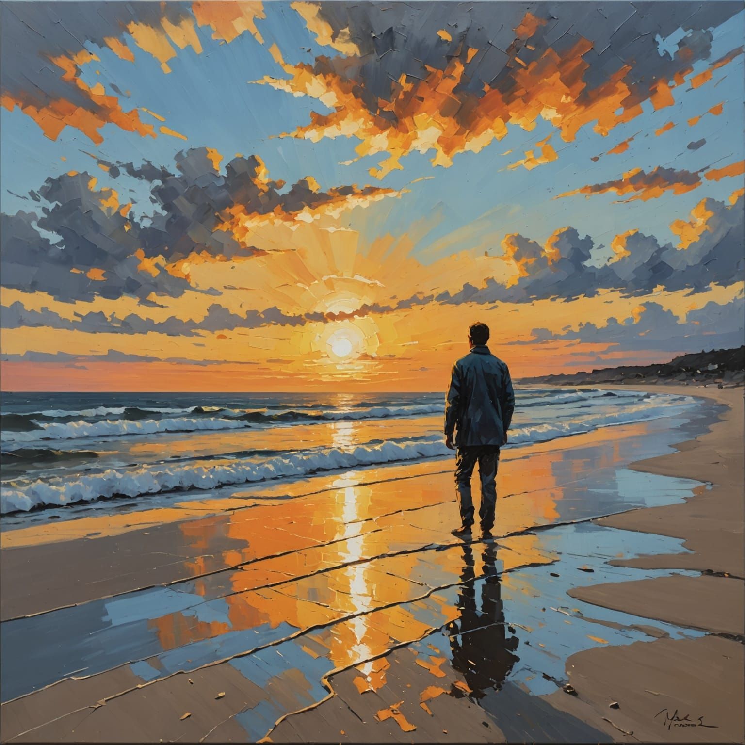 Lone Figure on Beach at Sunset as Impasto Oil Painting