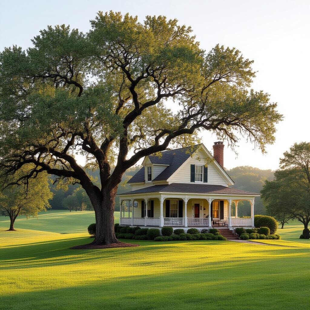 1940s House on Rolling Landscape with Oak Tree