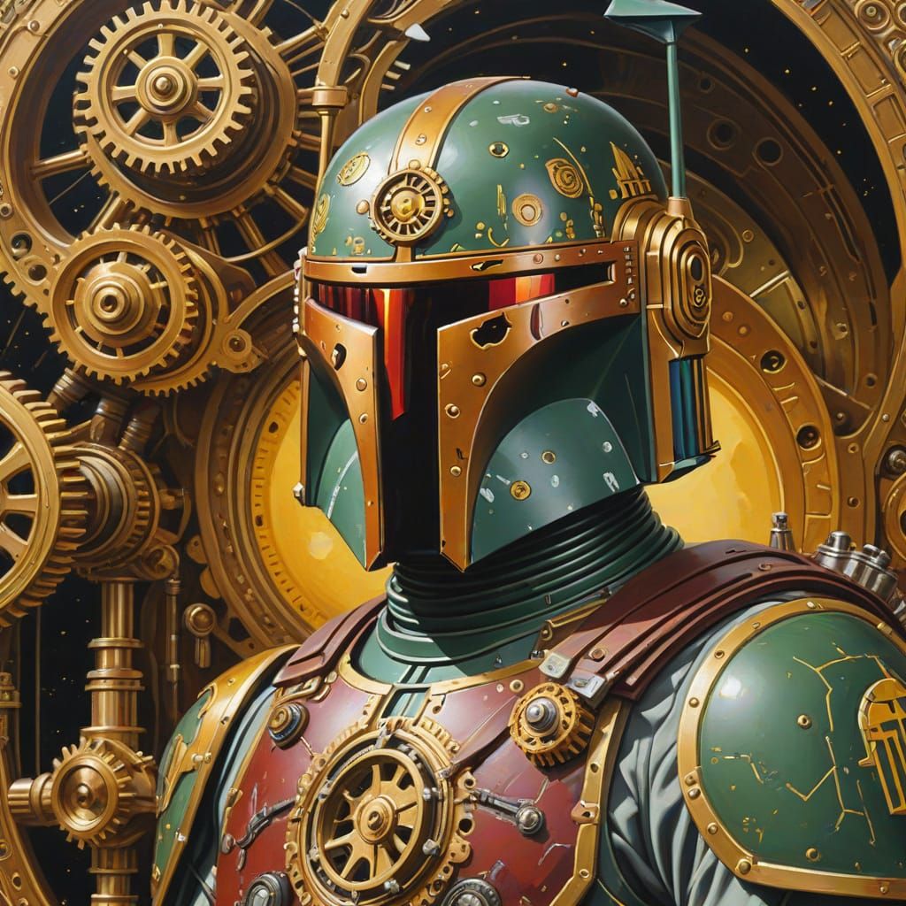 Steampunk Boba Fett Portrait with Gears in Gouache