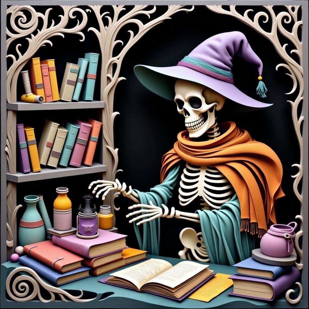 Skeleton in Witch Hat Browsing Spellbooks