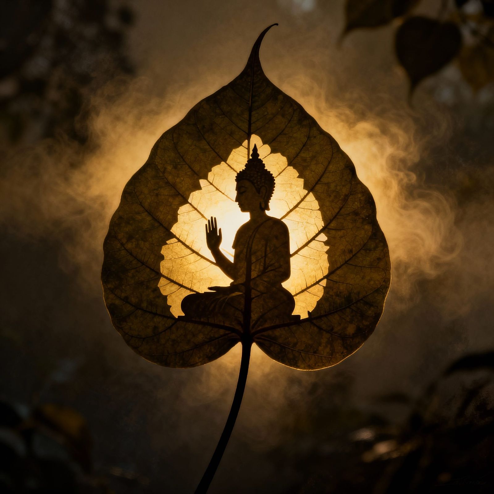 Bodhi Leaf with Buddha Silhouette in Golden Glow