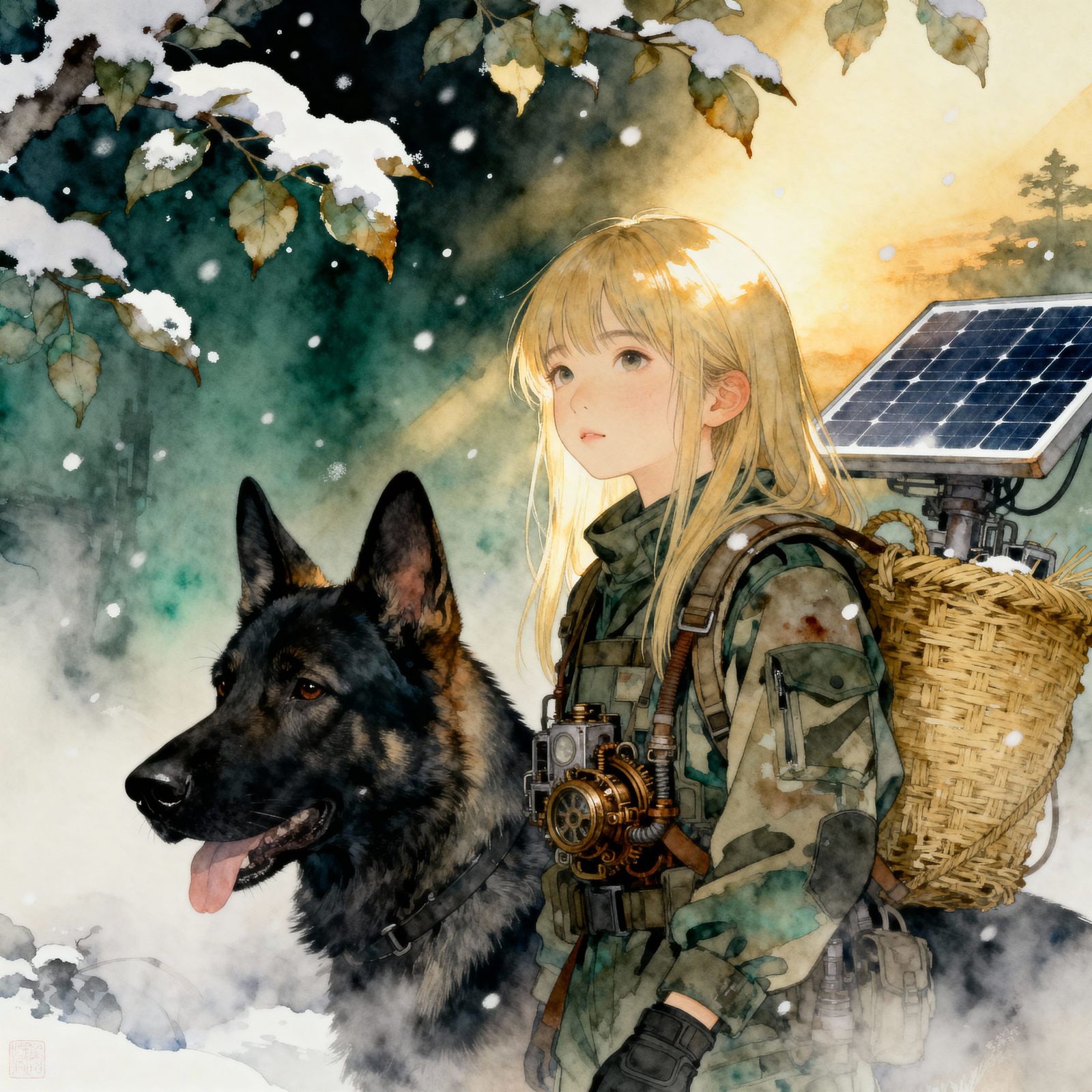 Girl and Dog in Dystopian Steampunk Dreamscape