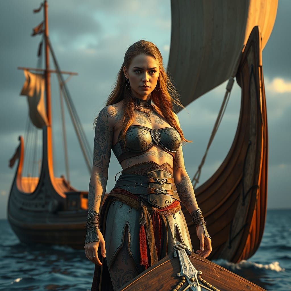 Viking Warrior Goddess on Majestic Drakkar Ship