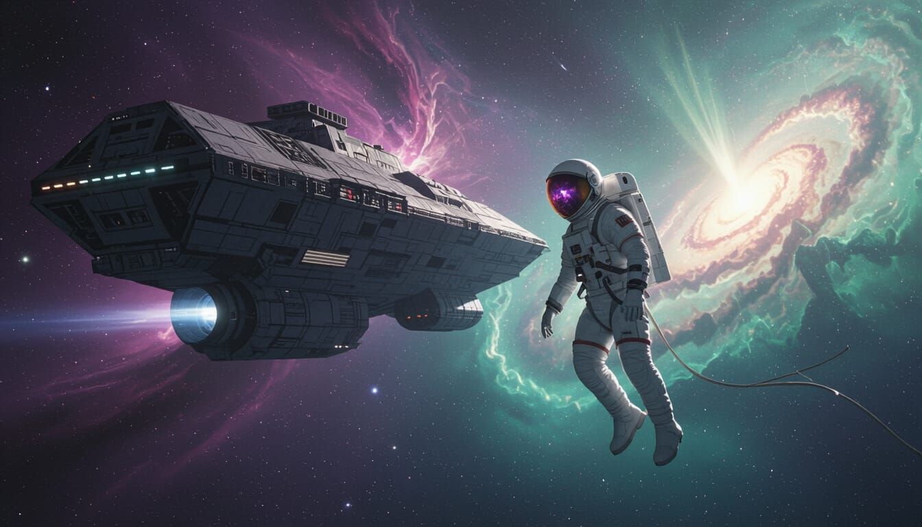 Astronaut Drifts Near Derelict Starship Amidst Vivid Nebulae