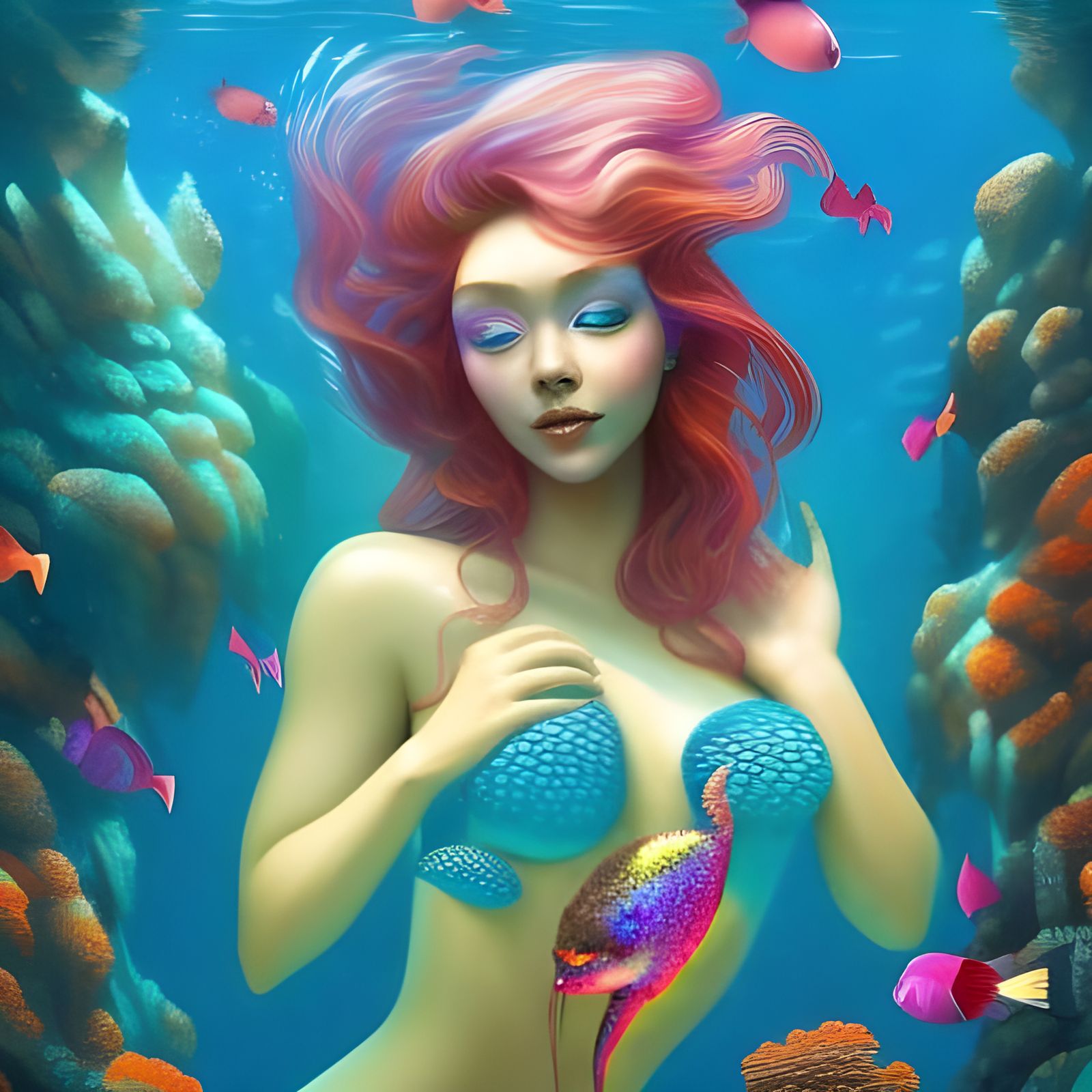 Enchanting Mermaid in Vibrant Coral Reef, Digital Art