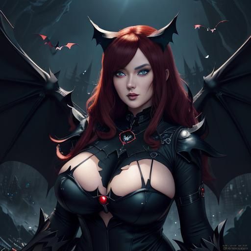 Anime Cat-Woman with Bat Wings in Magic Forest