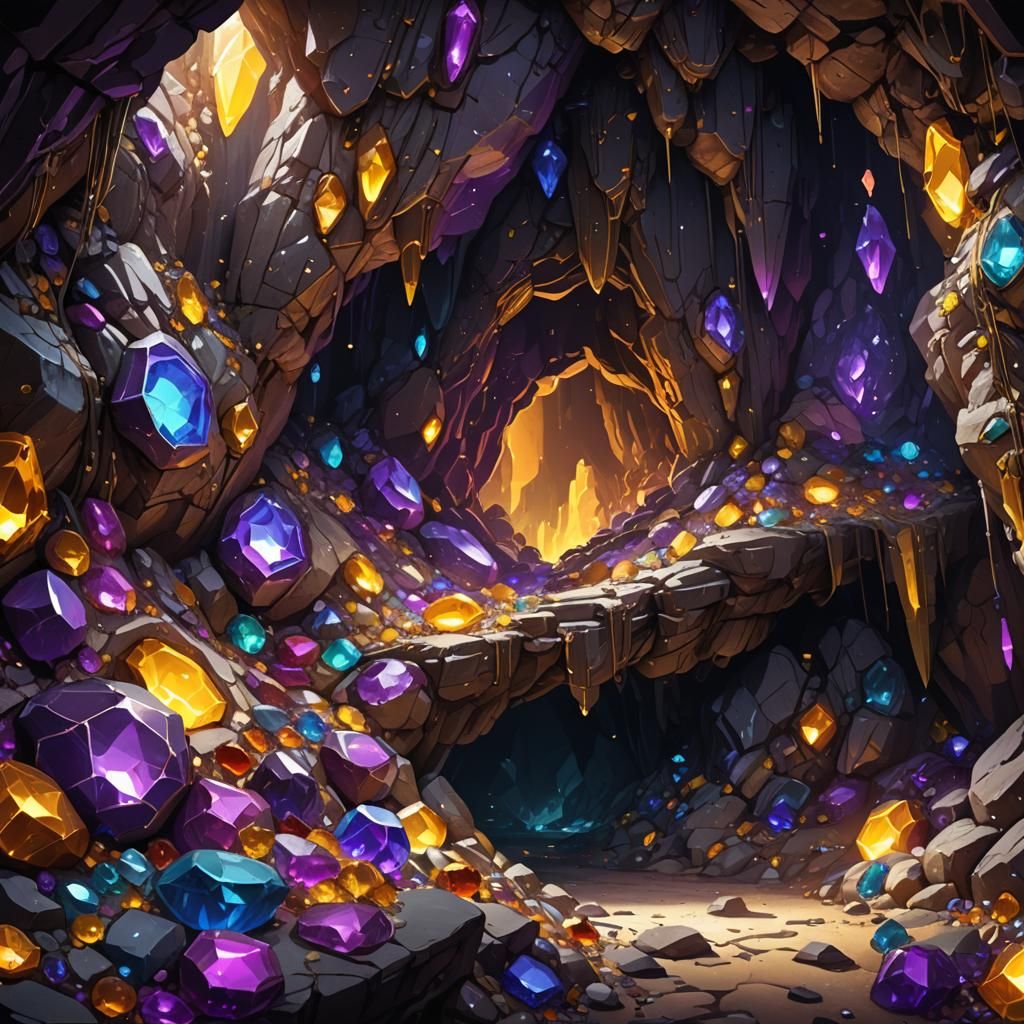 Gemstone Cave Discovery in Dark Fantasy Style