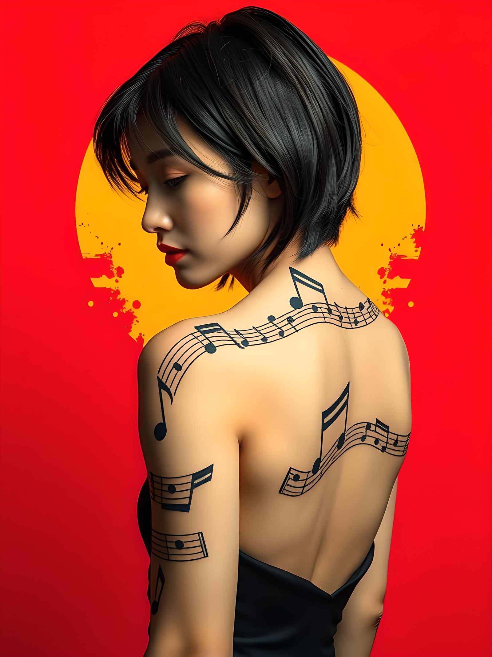 Japanese Woman's Musical Tattoo in Pop Art Style