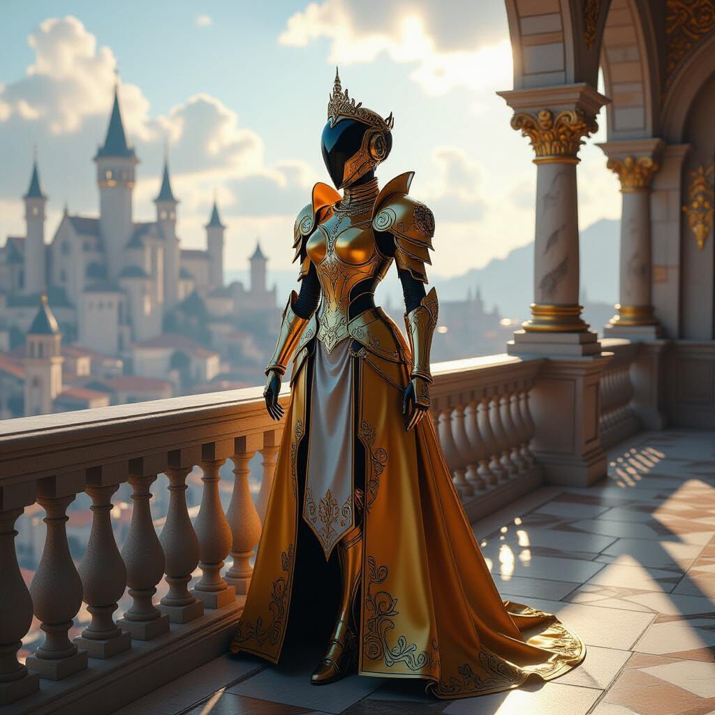 Robot Princess Overlooking Medieval City, Matte Painting