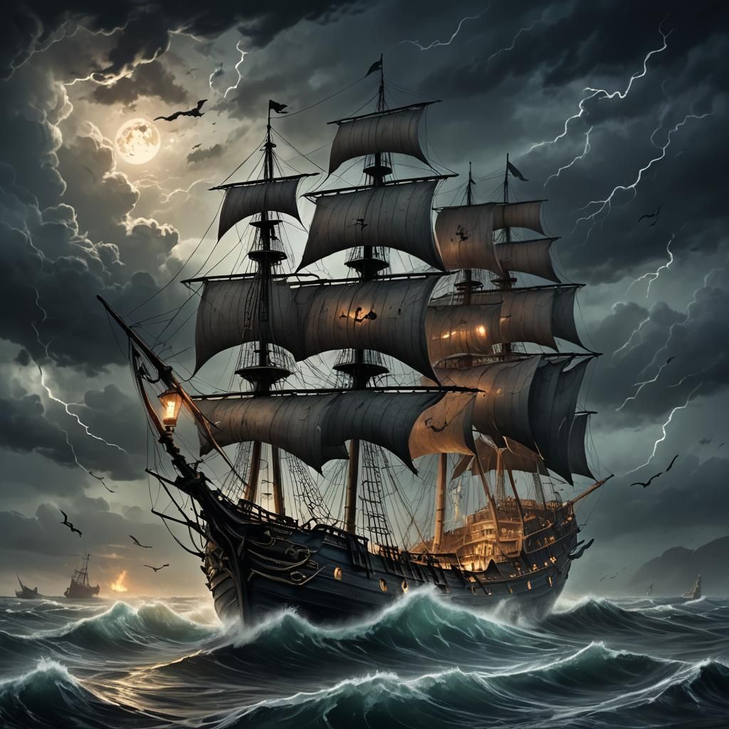Ominous Ghost Ship Sails through Stormy Waters at Dusk