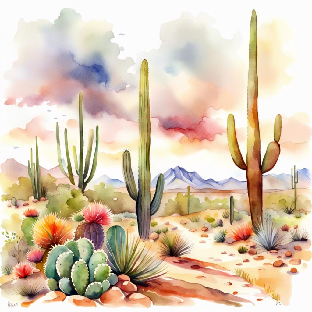 Vibrant Watercolor Painting of a Sonoran Desert Trail