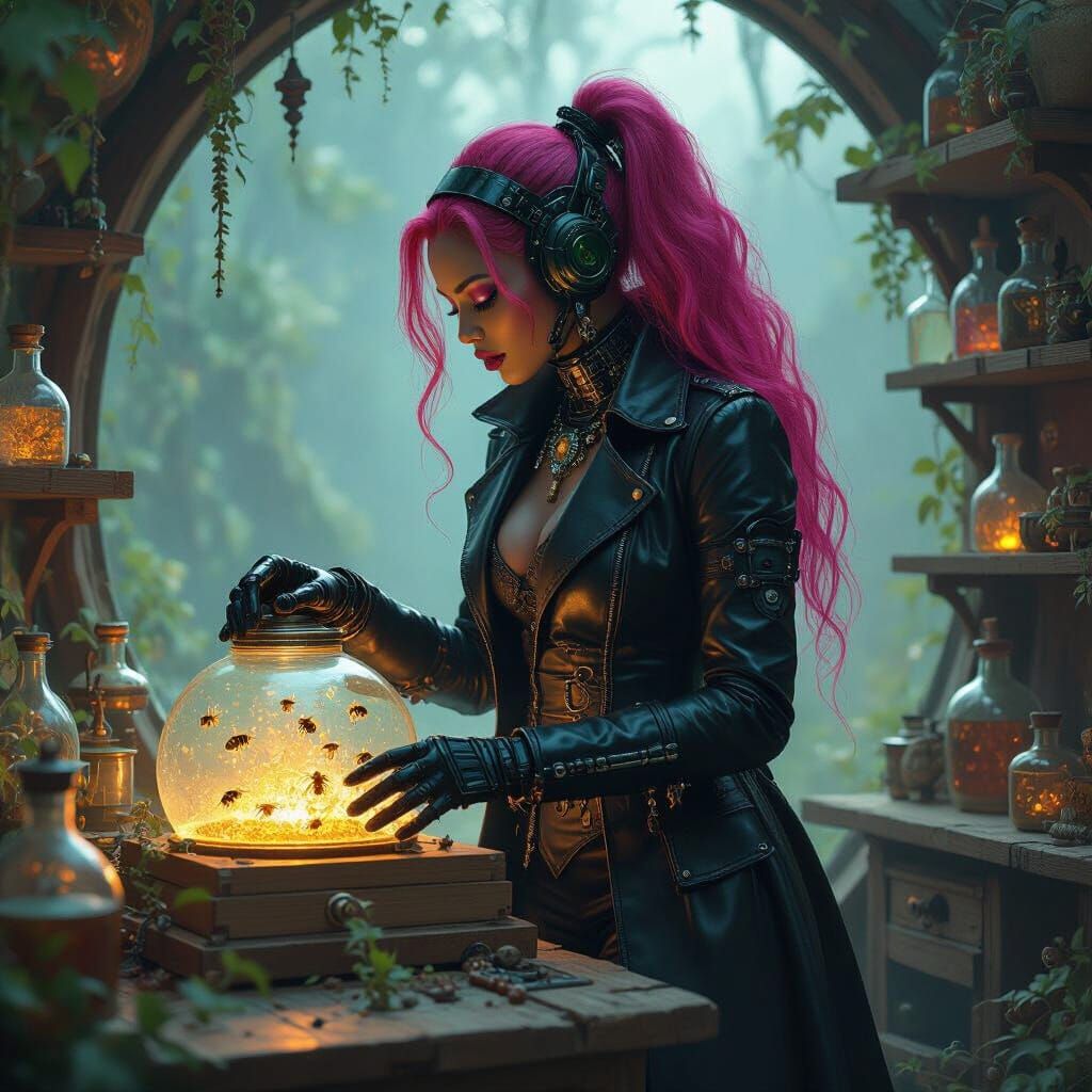 Gothic Cyborg Beekeeper with Bioluminescent Hive