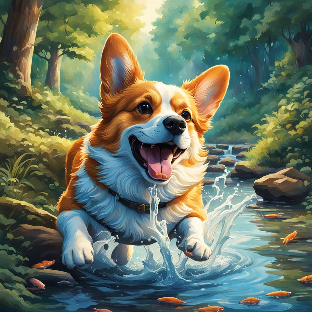 Corgi's Forest Brook: A Hyperrealistic Splash Art Scene