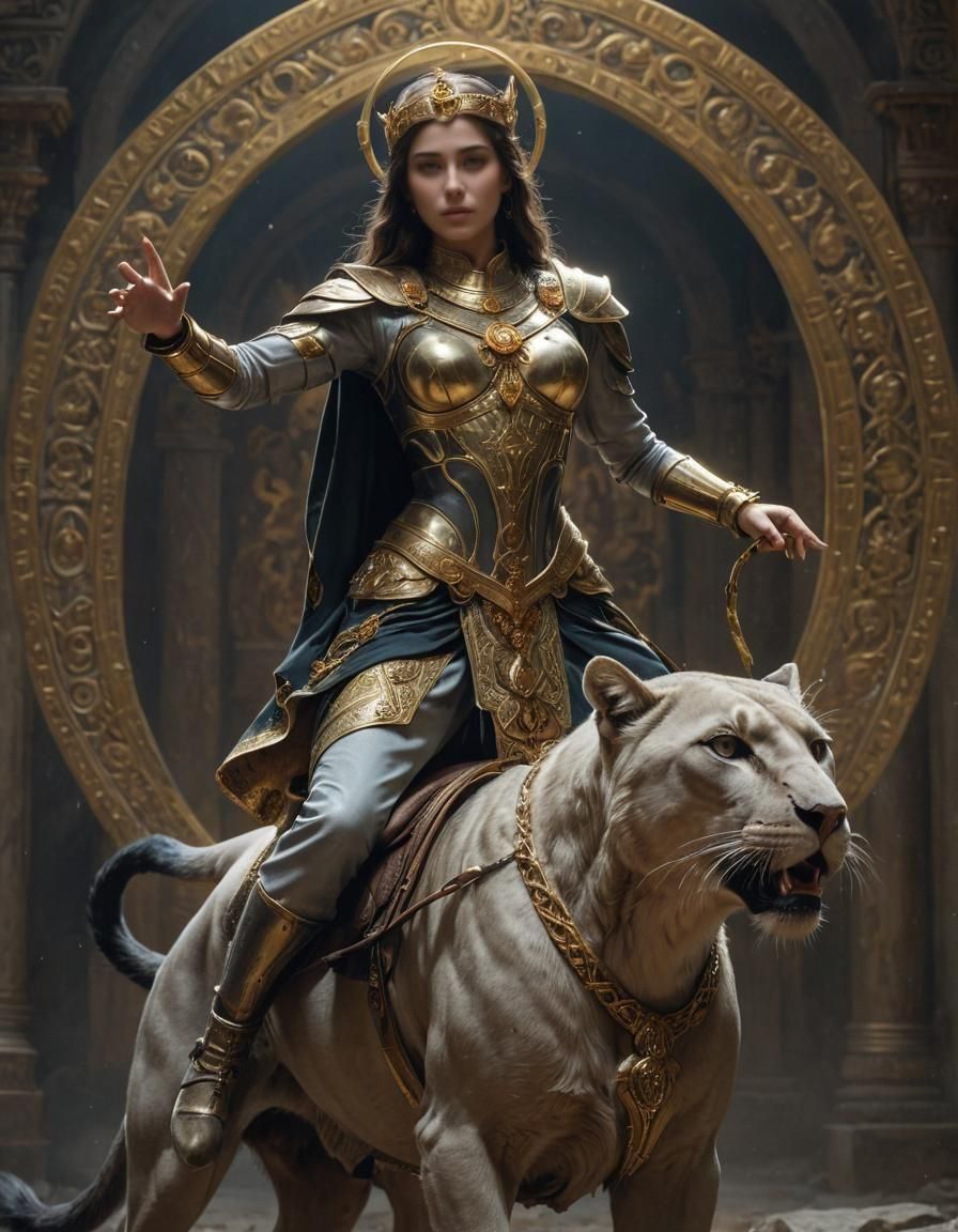 Female Saint on Panther in Byzantine Icon Style