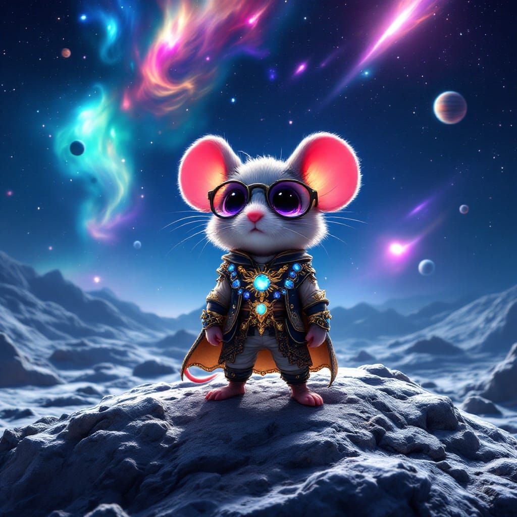 Hyperrealistic Chibi Mouse Hero on the Moon in a Futuristic ...