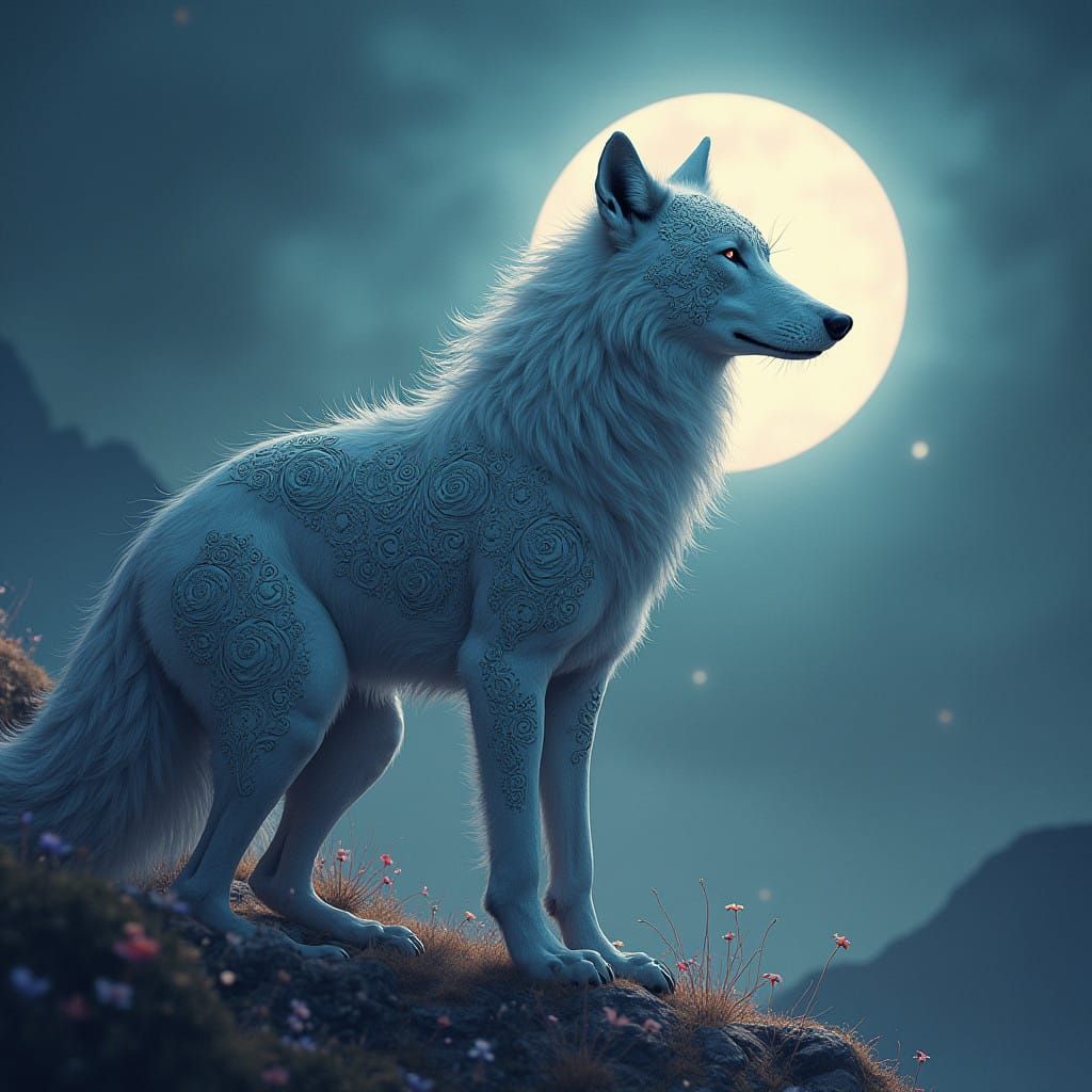 Moonlit Mystic Wolf in Dreamy, Ethereal Landscape